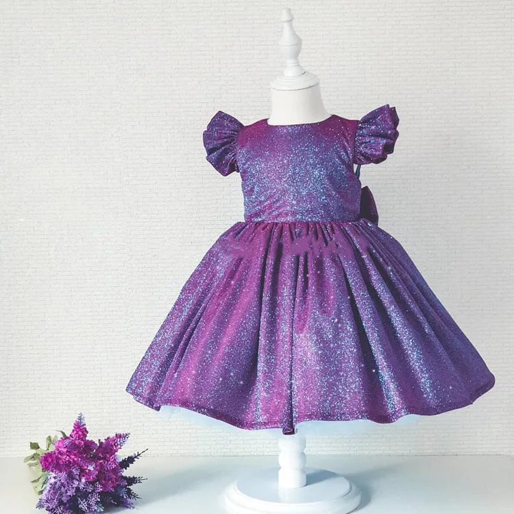 New Purple Customized Baby Girls Dresses Cap Sleeve Flower Girl Dress Infant Toddler Birthday Party Gown with Bow