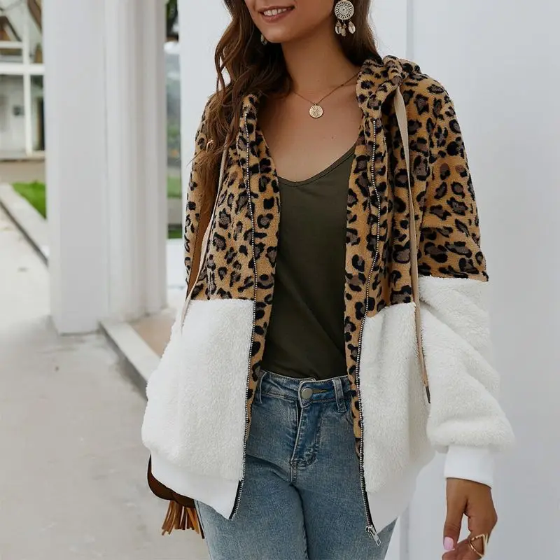 Women Autumn Winter Leopard Fleece Faux Fur Hooded Coat Zipper Jacket Overcoat | Женская одежда