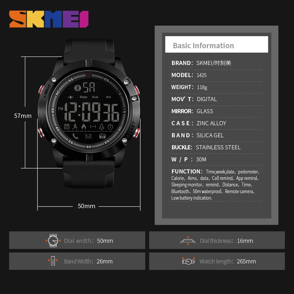 

SKMEI 1425 Smart Watch Men Bluetooth Sport Waterproof Digital Watch Calories Pedometer Multifunction Reminder Relogio Masculino