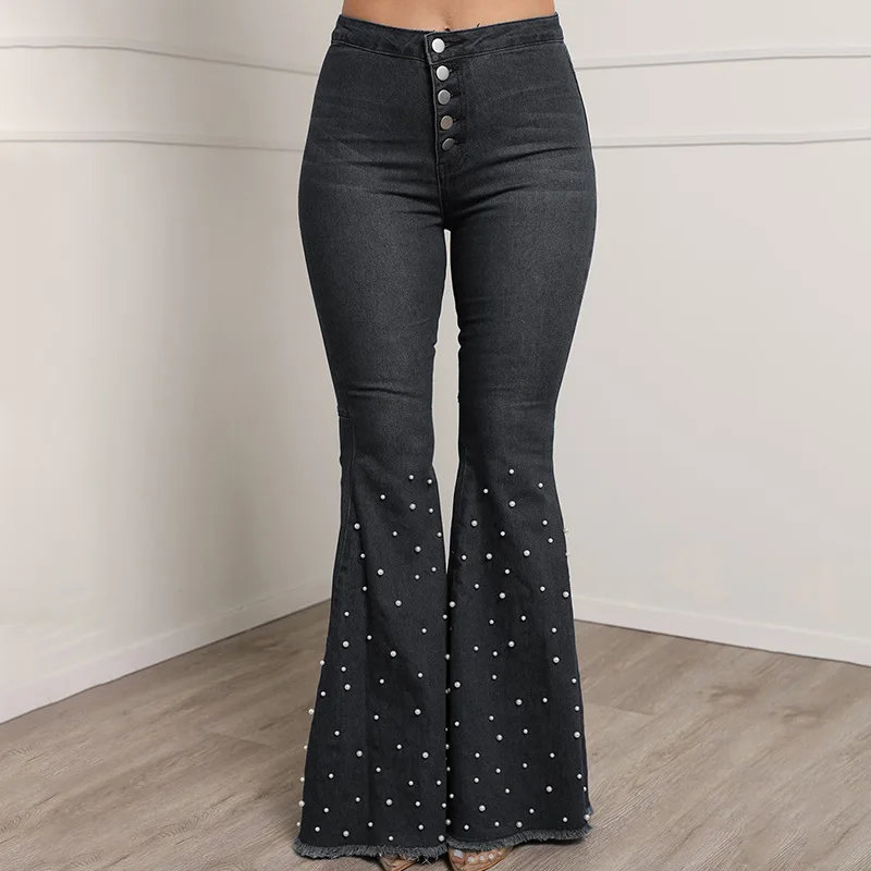 Beading Tassel Flared Jeans Women Spring Autumn Fashion Button High Waist  Bell Bottom Jeans Woman Casual Skinny Cowboy Trousers