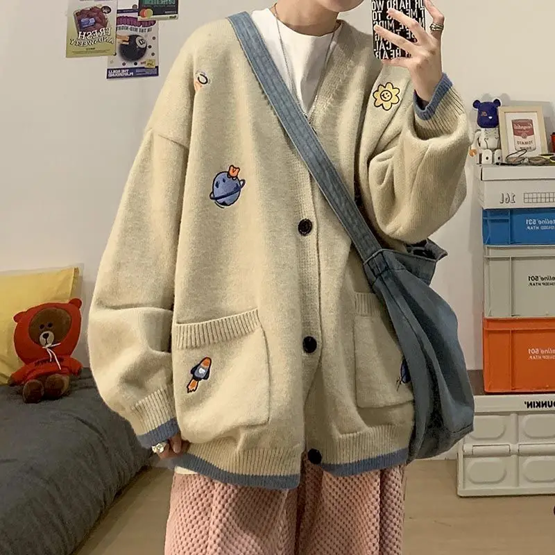 

Men's Knitted Cardigan Sweater 2021 Winter Sweater Knitting Cardigans V Neck Embroidery Long Sweater Jacket Cardigans Harajuku