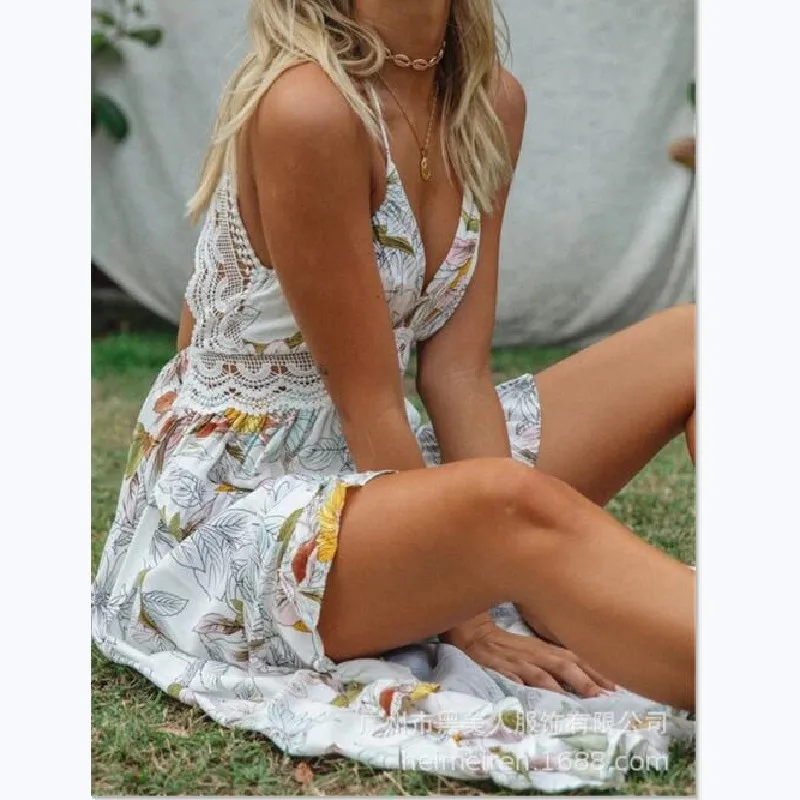 

Casual Sexy V-neck Women Print Long Dress 2020 Summer Spaghetti Straps Ruffles Irregular Dress