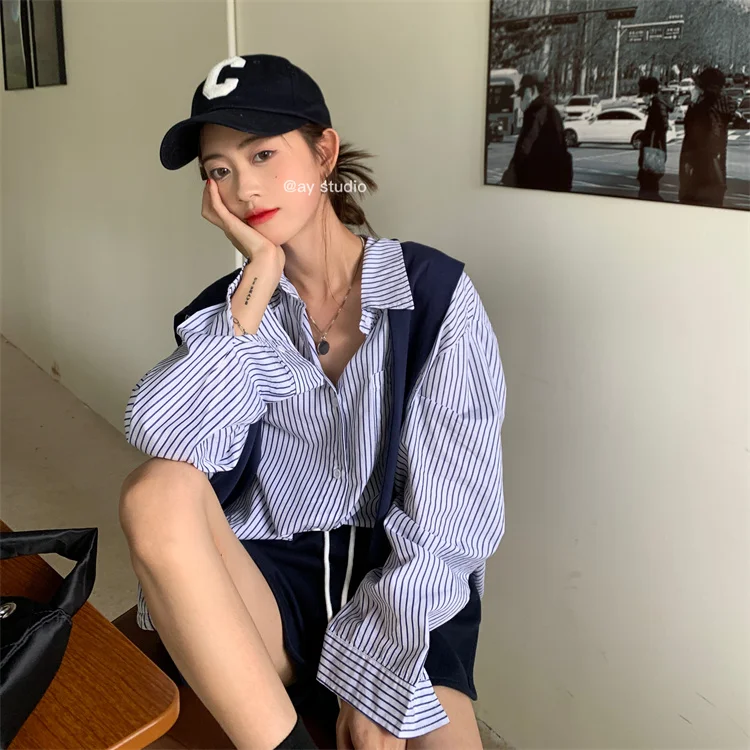 

COIGARSAM Shirt Womens Tops Casual Striped Long Sleeve Loose Women Shirts