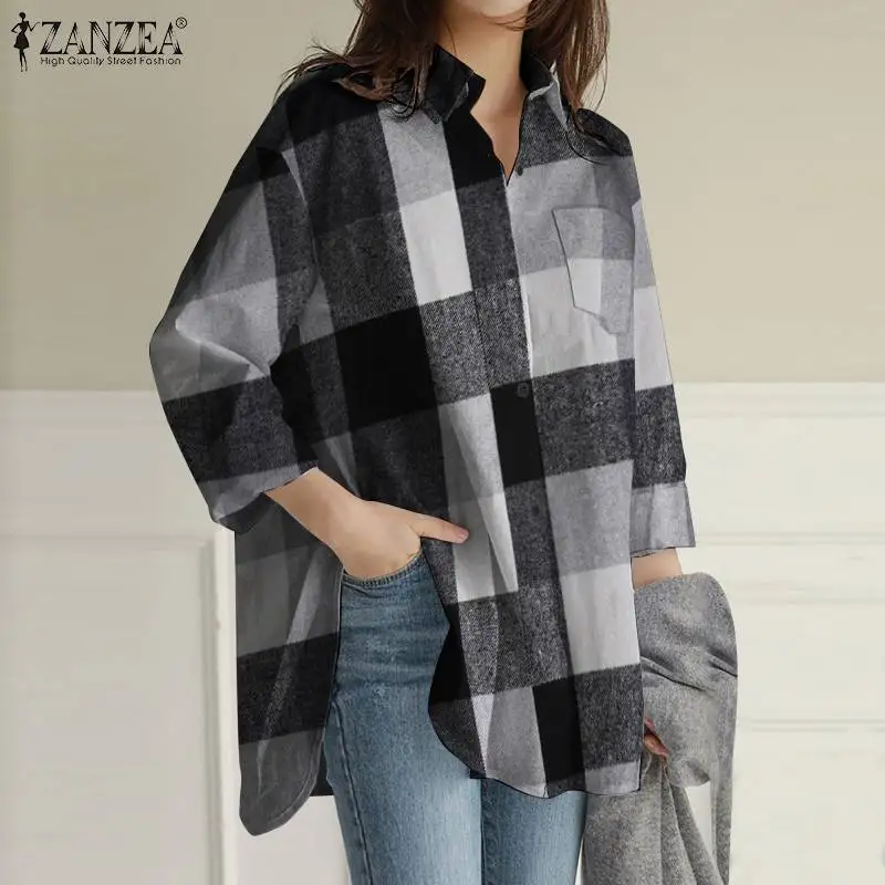 

ZANZEA Vintage Plaid Check Tops Women Fashion Woolen Blouse 2022 Autumn Oversized Long Sleeve Blusas Lady Casual Irregular Shirt