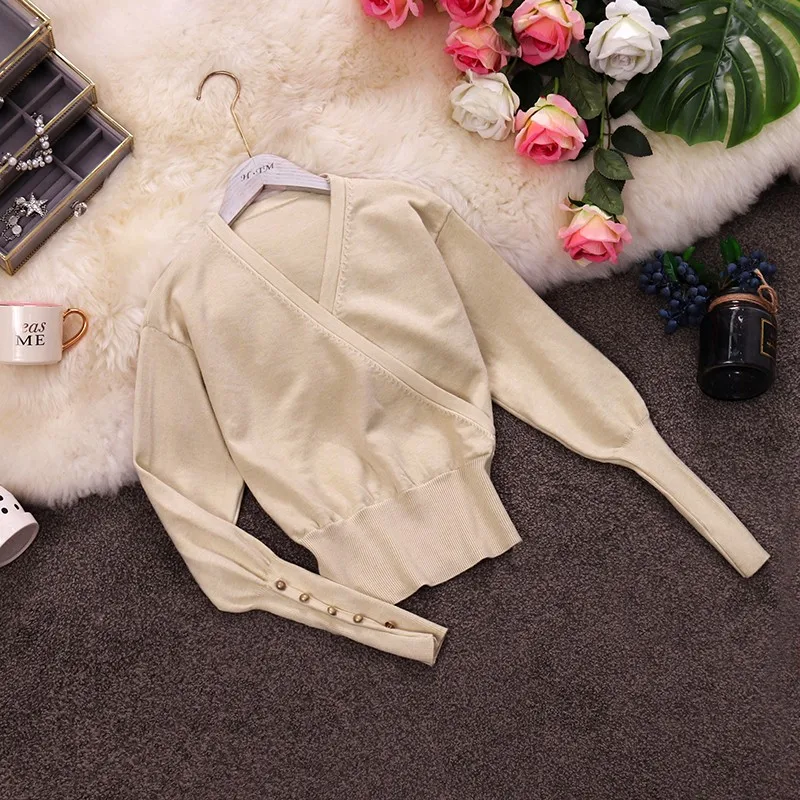 Женский Однотонный свитер с V-образным вырезом однобортный пуловер длинным