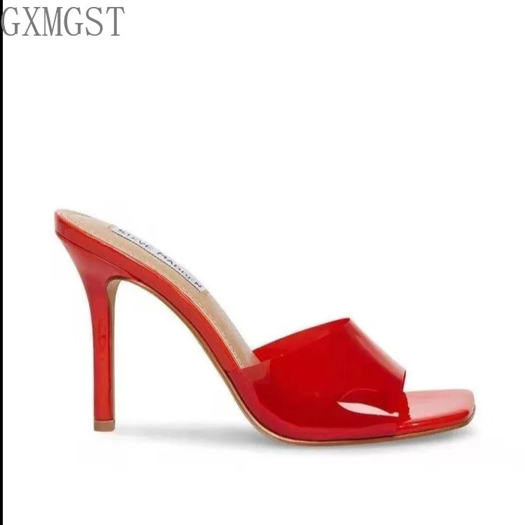 

2021 new women PVC high heels party shoes summer Perspex Peep Toe sexy slide sandals high heels patent leather sandals