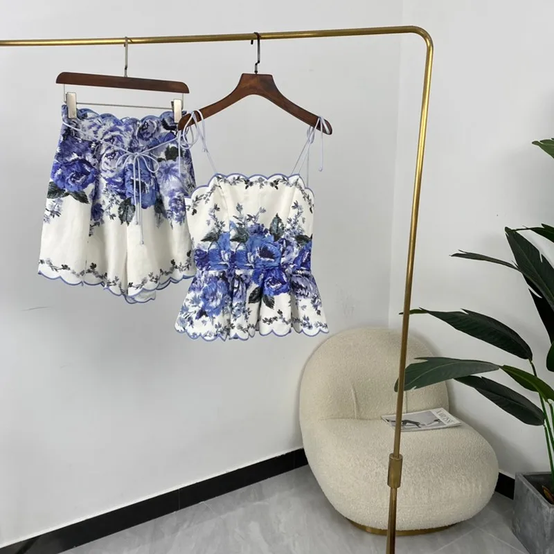 

High Quality Linen Summer Camisole Strapless Blue And White Floral Print Shorts Suit Wave Edge Tops