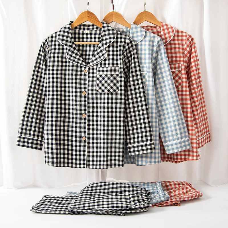 

New Washed Ladies Cotton Pajamas Women's Plaid Lapel Sleepwear Long Sleeve Long Pants Sexy Nightwear 2 Piece Pijama Home Suit
