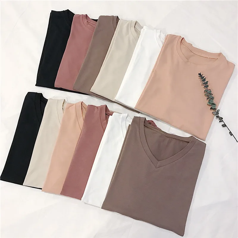 Простая женская футболка с коротким рукавом Женские топы круглым вырезом и v