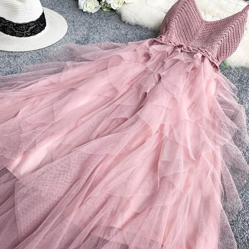 

Lace Party Dresses For Women 2021 Solid Ruffles Knitting Patchwork Women Spaghetti Strap Dress Backless V-neck Dresses Vestidos