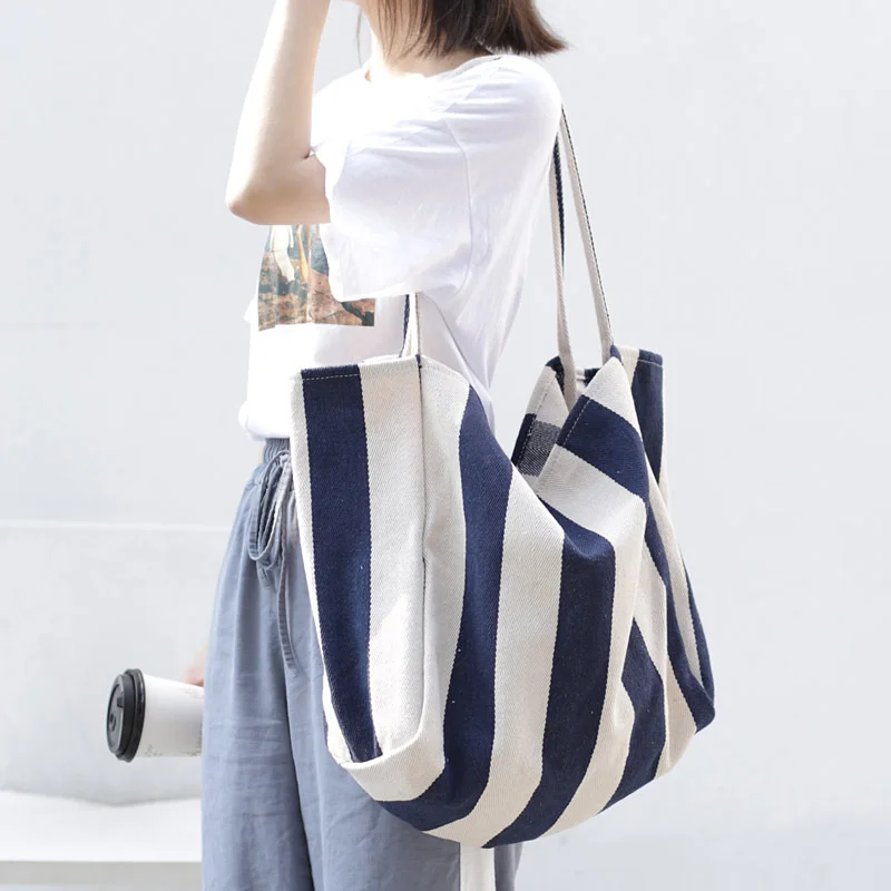 

Korean Literature And Art Handbags Women Simple Stripe Canvas Bag Leisure Fashion Large Capacity One Shoulder Bag Travel Tote