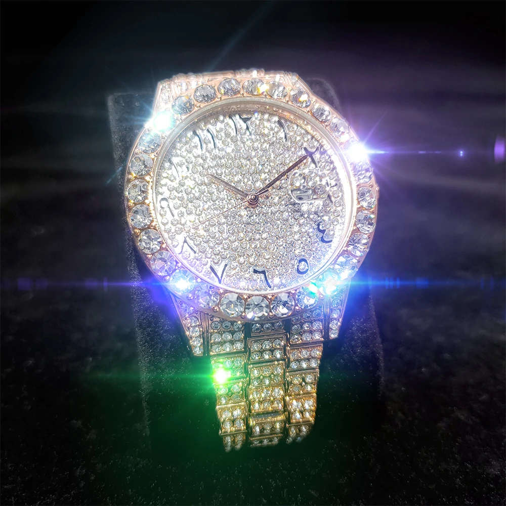 

MISSFOX Arabic Dial Men's Watches Rose Gold Full Diamond Wrist Watch Man Stainless Steel Waterproof Calendar Male Quartz Watch