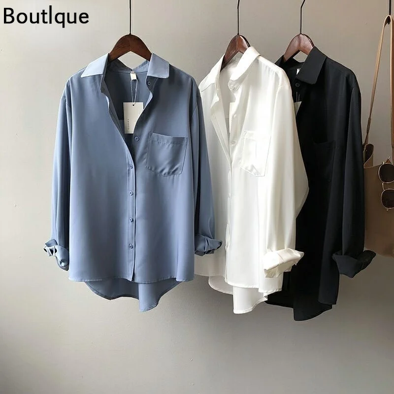 

Женская винтажная блузка с длинным рукавом, Свободная Повседневная белая однотонная элегантная рубашка в Корейском стиле, универсальная б...