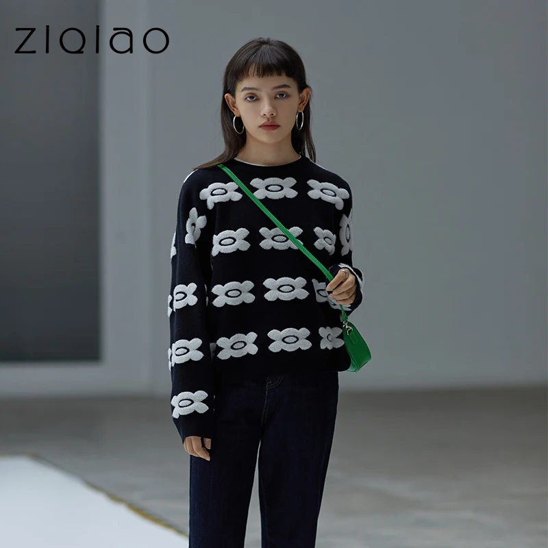 

ZIQIAO Woman Sweaters Black Pullovers Dlower Pattern Design Autumn High-end Korean Style Loose Lazy Blouse Commuter Cute Sweater
