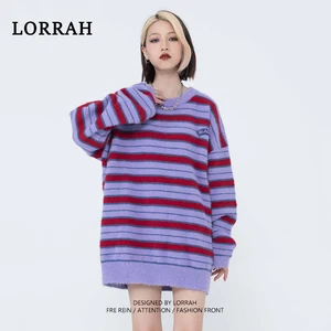 Mohair Striped Knitted Women's Purple Sweater Oversize 2021 Autumn And Winter New O-Neck Embroidery Streetwear Jumper