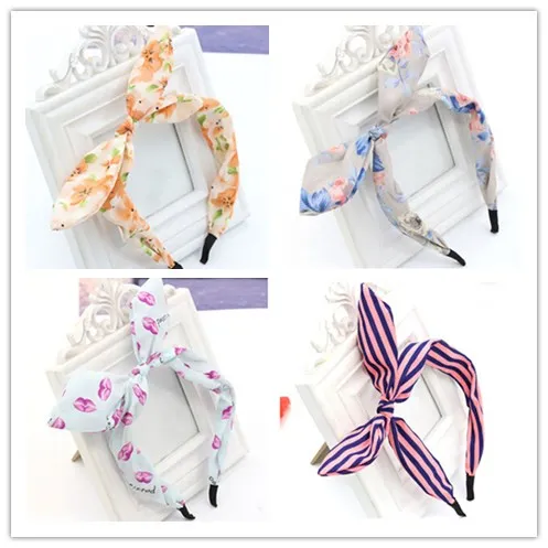 Женский обруч в полоску с цветочным узором горошек бантик виде кроличьих ушек