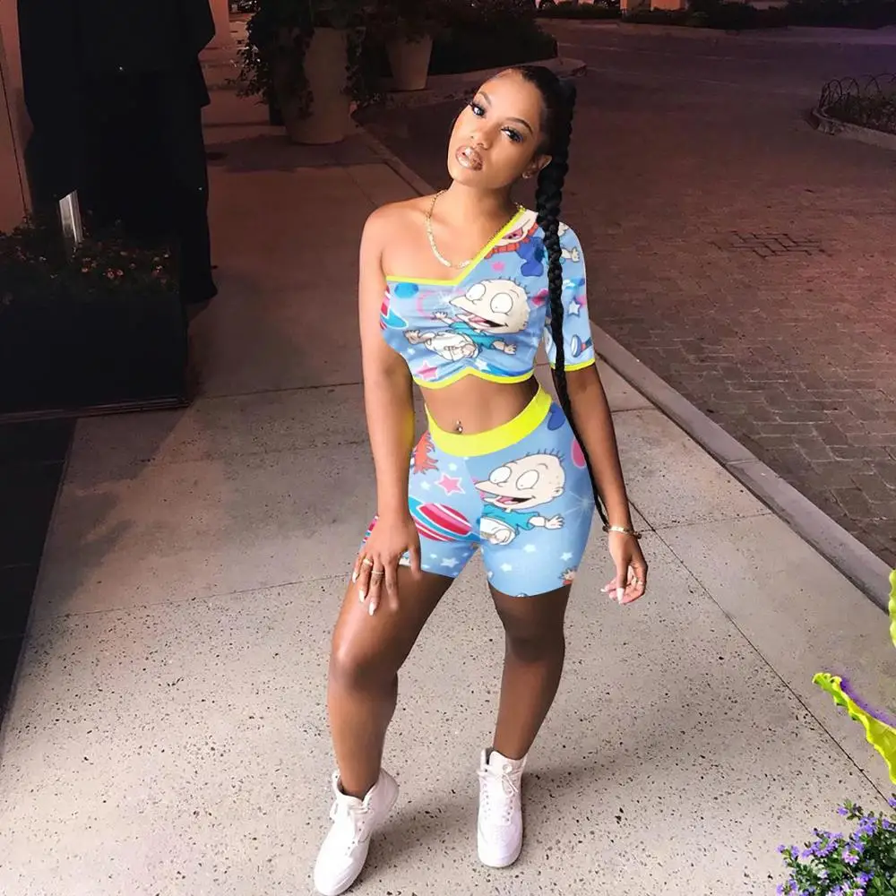 

lovely cartoon print one shoulder crop tees and elastic waist shorts high street summer women suit track suit outfits