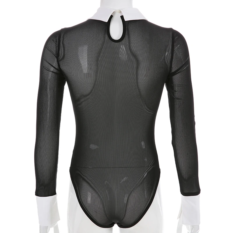 

Sexy Black Mesh Bodysuit Transparent Long Sleeve Bodysuit Women Bodycon Short Jumpsuits Party Club Body Womena Top