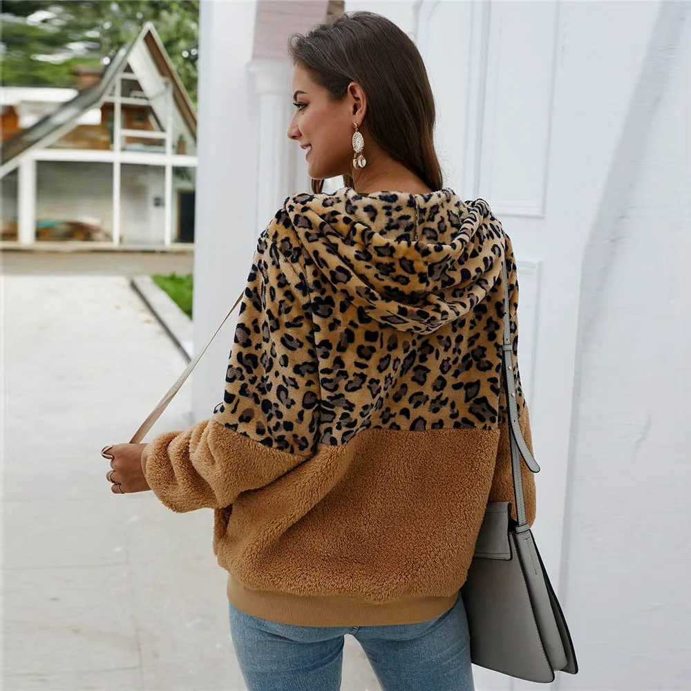 Женский флисовый свитер с леопардовым принтом кардиган на молнии капюшоном