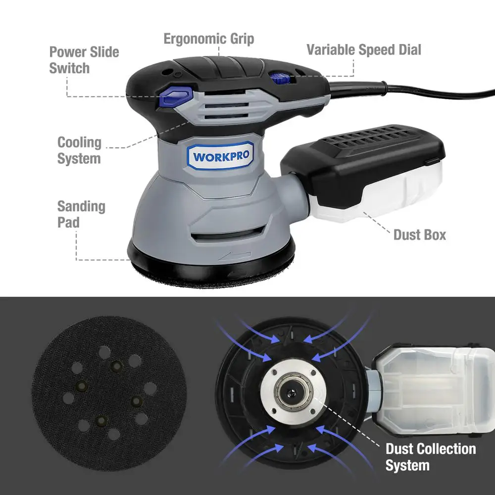 Шлифовальный станок WORKPRO 300 Вт с регулируемой скоростью шлифовальный наждачной