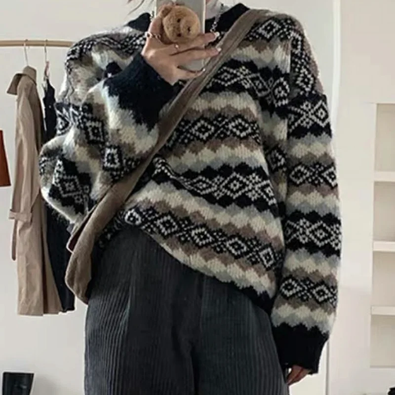 

Argyle Knitted Sweater Women Casual Pullover Fashion Loose Sweater Vintage Chic Jumper Women Top Long Sleeve Pull Femme 2021