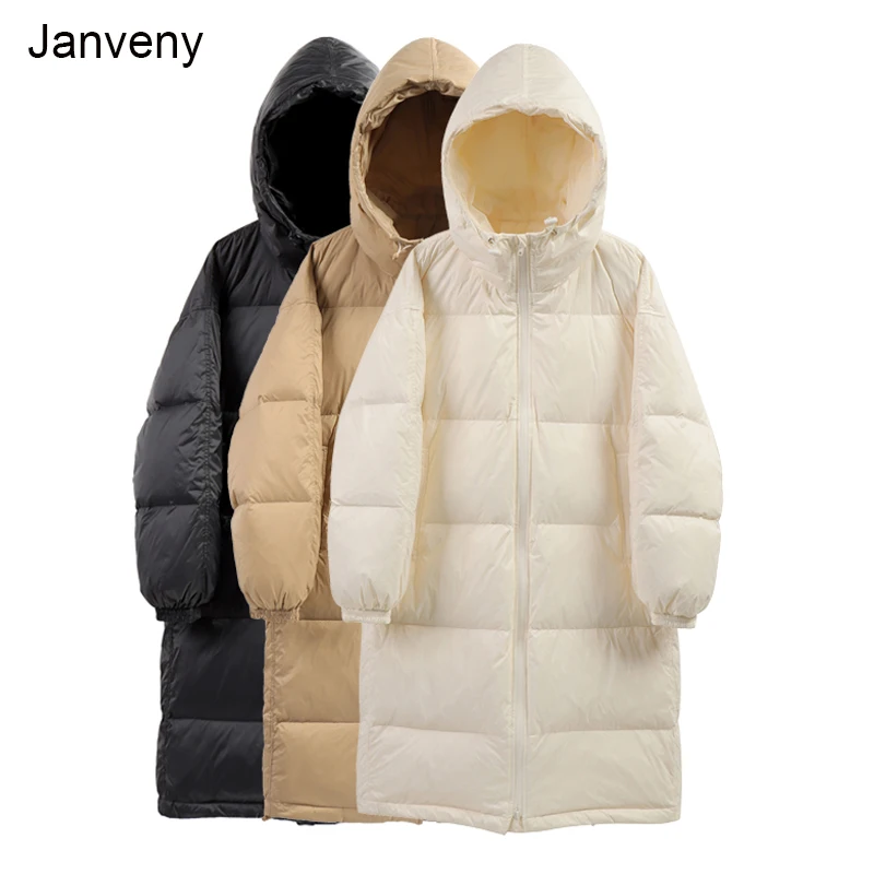 Janveny Women's 90% White Duck Down Coat 2021 New Winter Ultra Light Down Jacket Female Long Parkas Hooded Loose Lady Outwear