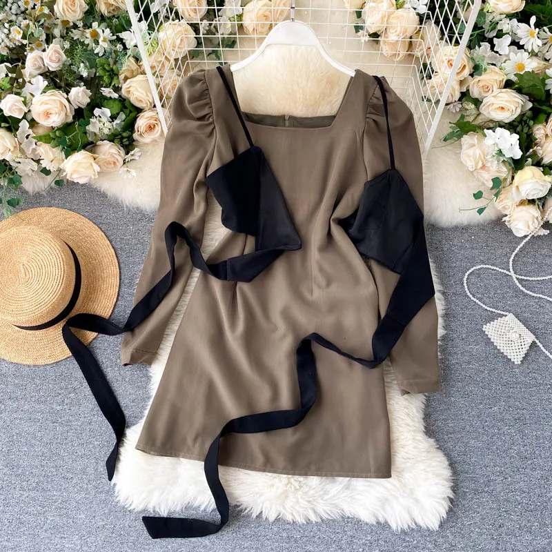 Осеннее ретро платье с квадратным воротником Женские приталенные платья длинным