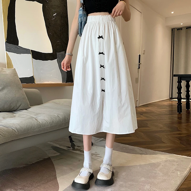 

Elastic high waist solid women skirt bow-knot designed pleated calf length female long skirt fashion a-line girl summer 2021