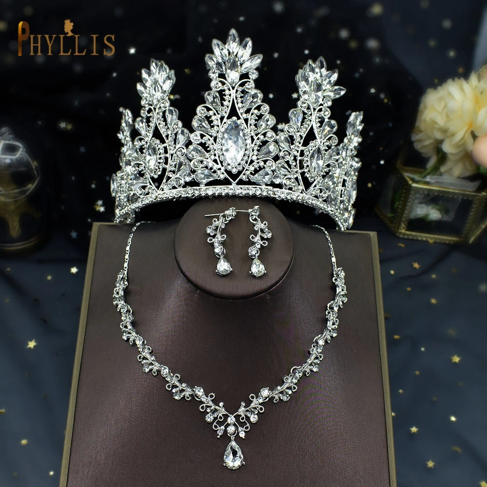 

A121 Baroque Crystal Bridal Jewelry Sets Necklace Earring Rhinestone Tiaras Female Hair Accessories Wedding Crown Jewelry Set