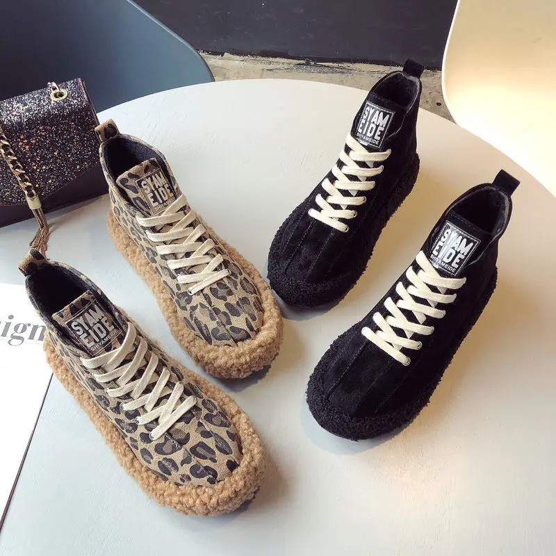

Shoes Woman Plus Size Leopard Flat High Shoes Women's Winter Plus Velvet Cotton Boots Fluffy Luxury Sexy Fashion Platform Heels