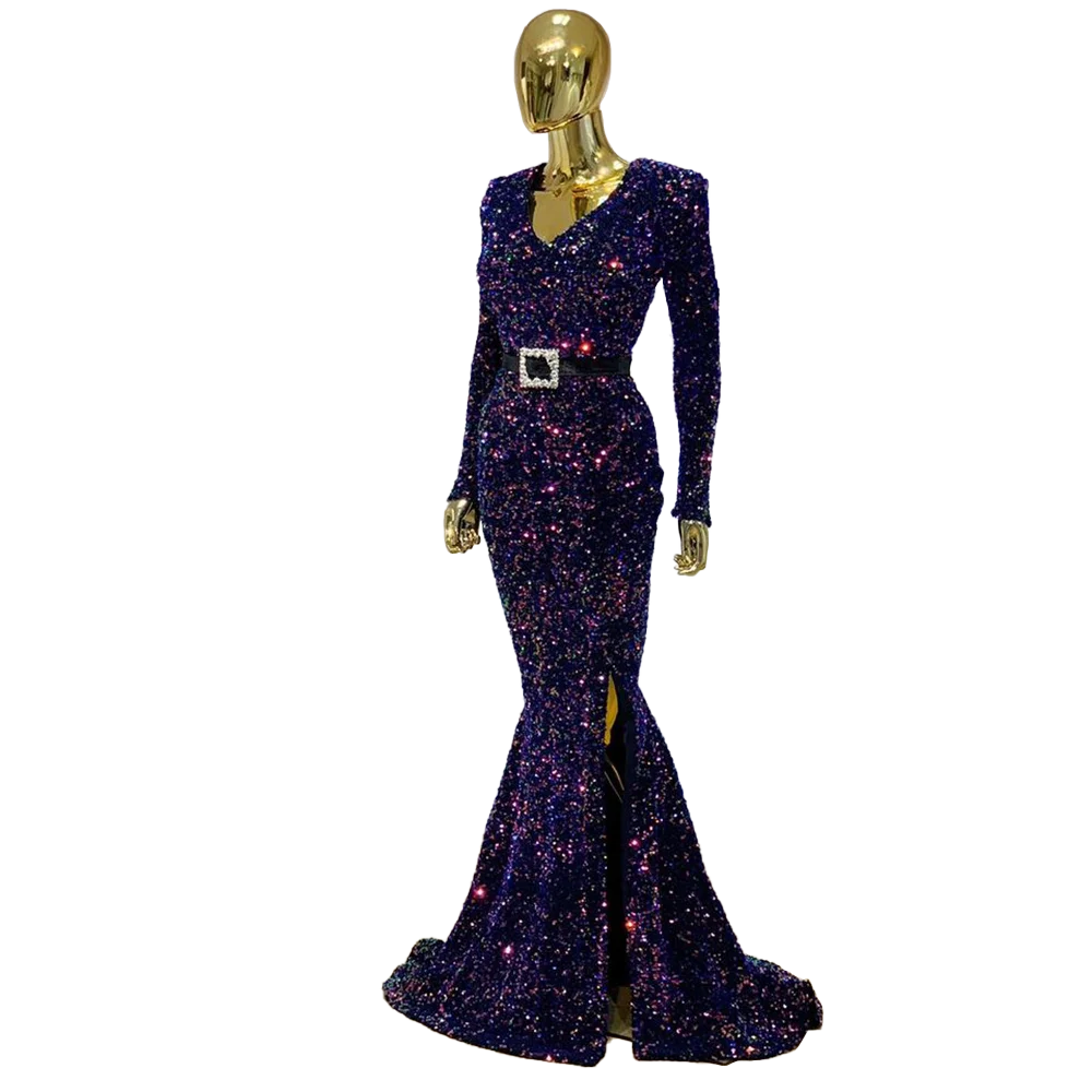

Shining Sequined Ceremony Dress Long Sleeves Engagement Dress Mermaid V neck Evening Dress 2021 Free Customized