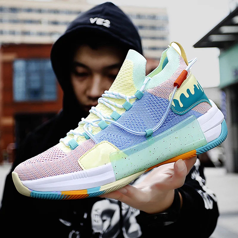 

Basketball High Top Breathable Flyknit Rubber Sole Sports Shoes Anti-Skid Wearable Mixed-Color Shoes