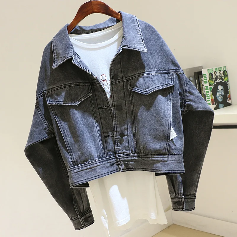 

Spring Dark gray Bat sleeve Denim Jacket Coat Women Loose Short Student Outwear Korean style Jeans Jackets Female Chaqueta Mujer