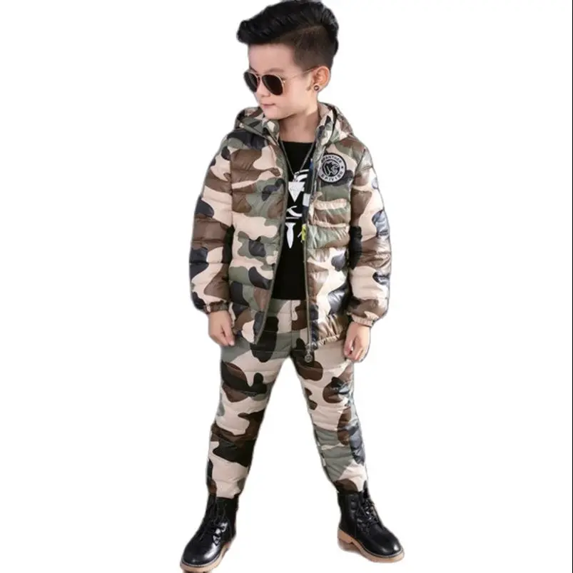 Детский комплект одежды для мальчиков и девочек зимняя куртка с капюшоном штаны