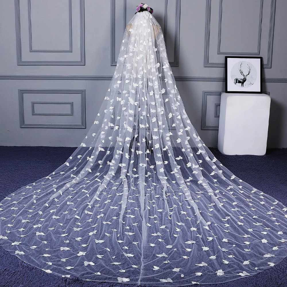

Women Ivory One Layer Wedding Bridal Cathedral Veil 3.5m with Comb Cut Edge Long Veil Soft Floral Lace Accessory Bride Elegant
