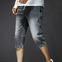 summer mens denim pants shorts quality calf length jeans man cotton solid straight short jean grey blue casual drawstring jeans