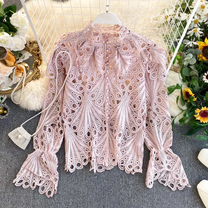 Элегантная розовая черная белая блузка ажурная кружевная Лоскутная