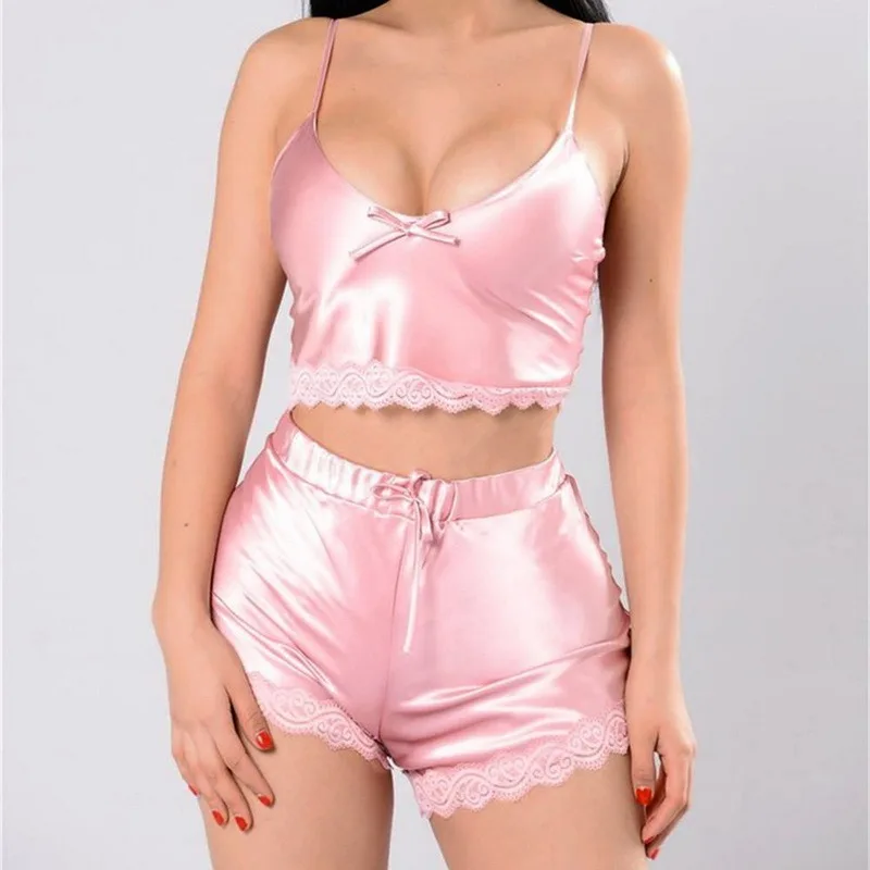 

Ladies Sexy 2 Piece Satin Silk Pajama Set Sleeveless Pyjamas Sleep Shorts Set Lace Pijama Suit Sleepwear For Women Sexy Nighties