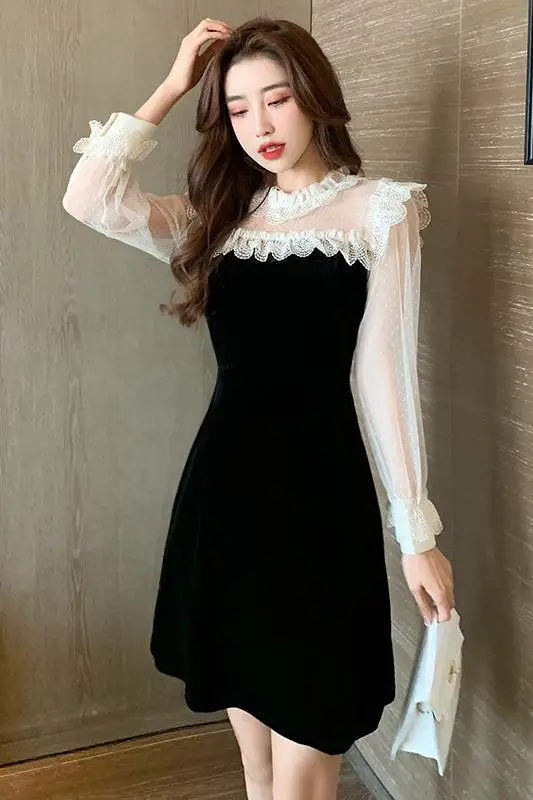 

COIGARSAM Patchwork Women one-piece dress korean New Lace Dresses Black 653