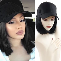baseball cap short wigs for black women heat resistant fiber black hair wig with hat peruca synthetic bob wig curly wig