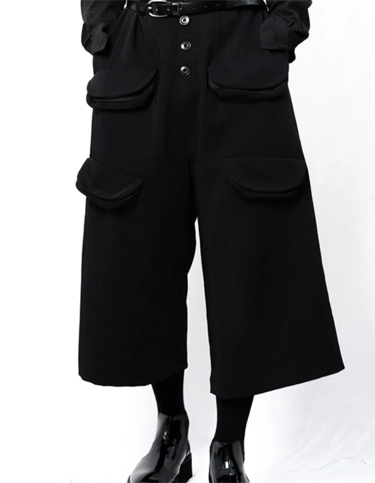 Spring and Autumn Men's Casual Pants Fashion youth wide leg pants culottes multi pocket symmetrical black straight pants