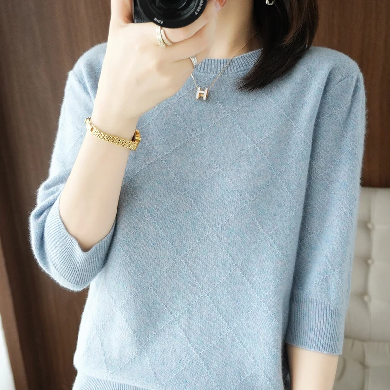 

Spring-Autumn-Winter New Women's Pure Woolen Sweater Round Neck Pullover Seven Sleeve Korean Loose Knitting Exquisite Base Shirt