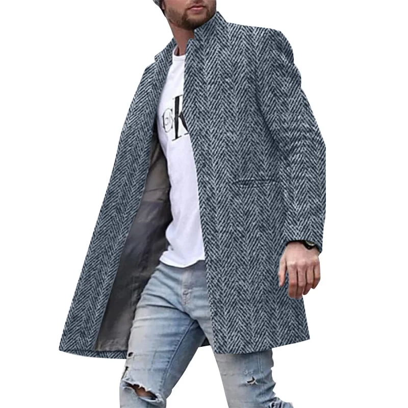 Woolen Coat Windbreaker Men's Stand Collar Herringbone Casual Coat Fashion Custom Made Men's Slim Fit Long Coat Male Outwear