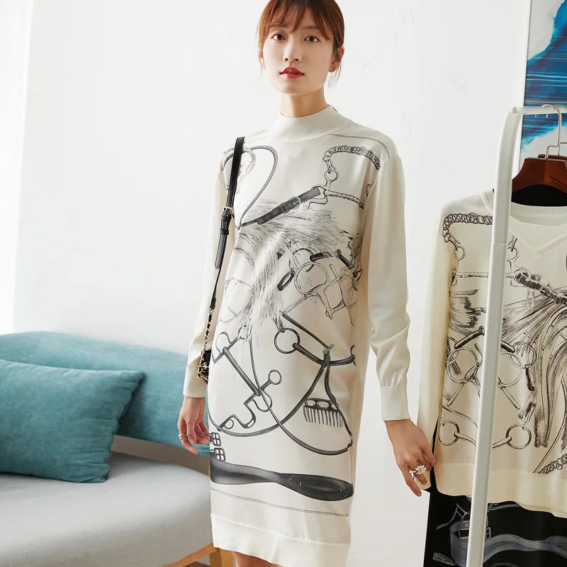 

together New silk joining dress turtleneck wool long sleeve knit dress loose women fall and winter