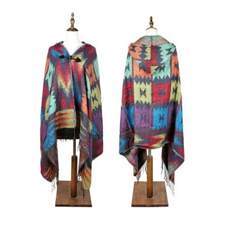 Ladies Warm Winter Scarf imitation Cashmere Bohemian National Wind Hooded Horn Buckle Cloak Travel Air Conditioning Shawl | Аксессуары