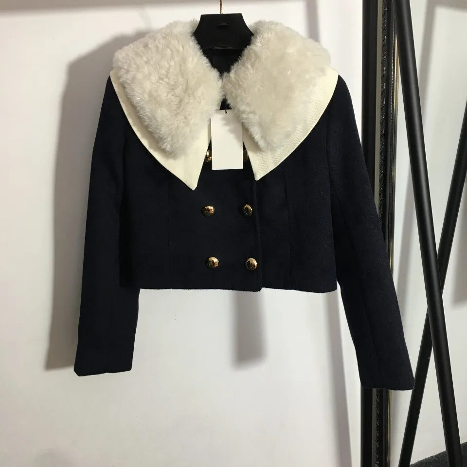 

21 Autumn/Winter New Yuan Style Double Row Gold Buckle Removable Fur Collar Temperament Short Round Collar Wool Coat FA-284-