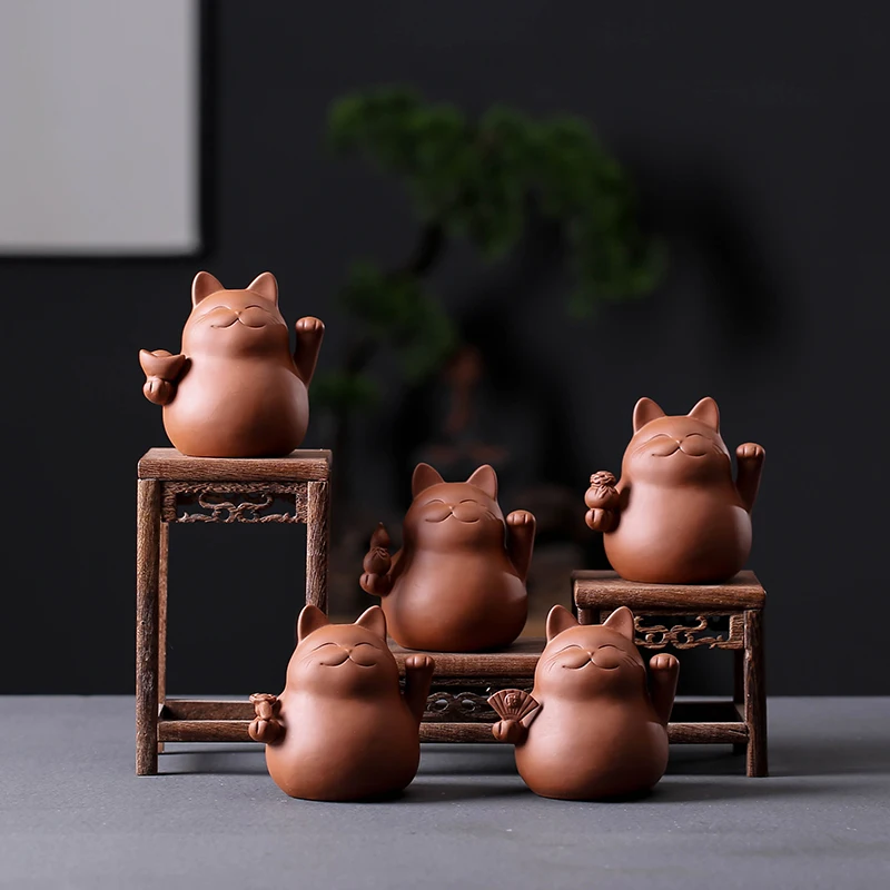 Purple Clay Lucky Cat Tea Pet Handmade Cute Small Animal Figurines Creative Ceramic Crafts Teahouse Table Decoration Ornaments |