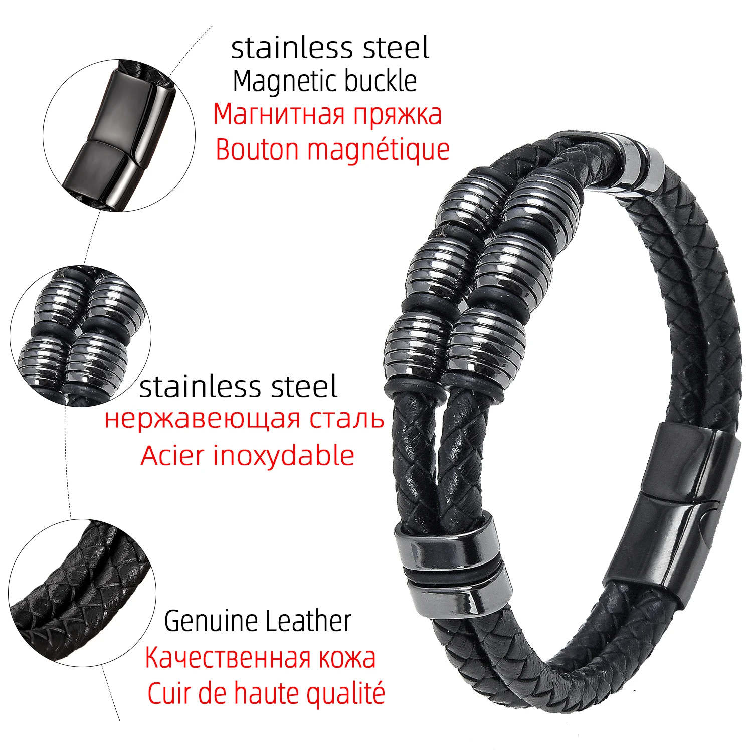 

New Friendship Bracelet For Men Multilayer Genuine Leather Rope Chain Stainless Steel Bracelet Summer Jewelry