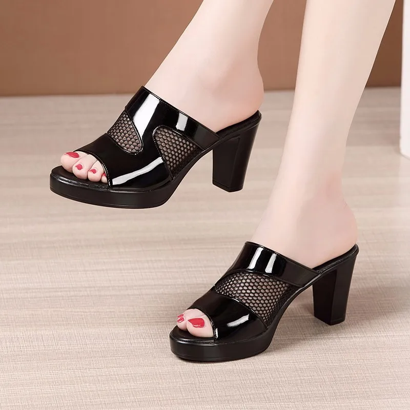 

Cross border large size summer fashion new female fish mouth mesh sandals thick heel mother high heel anti taiwan 100 leisure