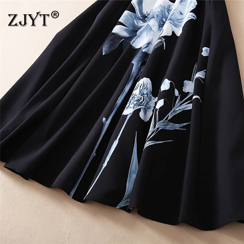 

Runway Fashion Spring Summer Robe Women Designers Elegant Sleeveless Flower Printed Mid Calf Black Tank Dress Party Vestidos